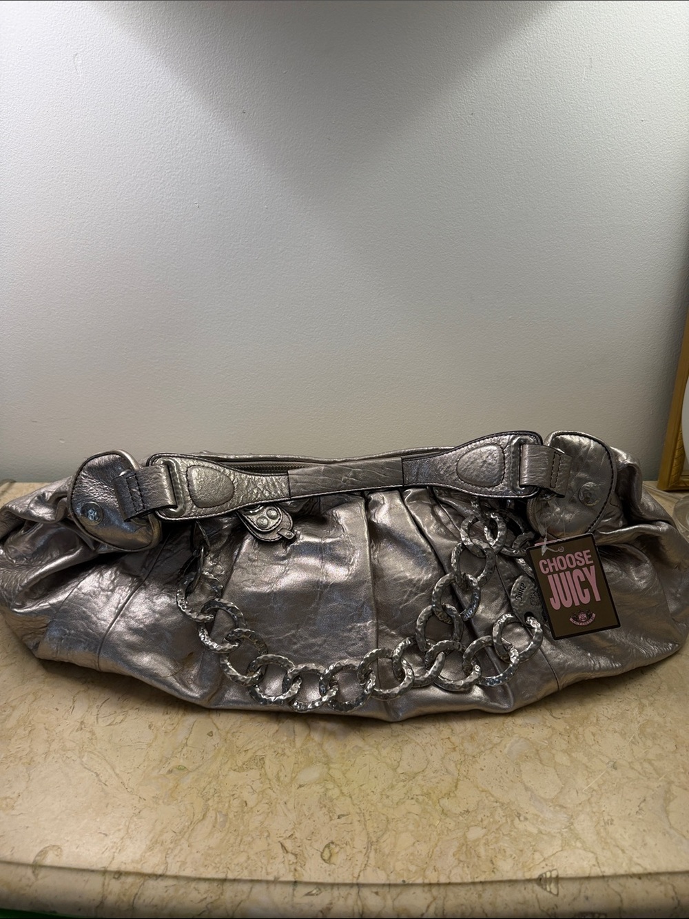 Juicy Couture Metallic Silver Chain Link Hobo Bag